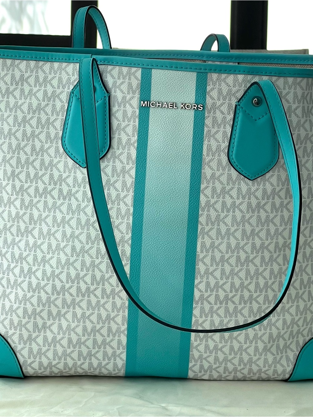 Michael Kors Turquoise Stripe MK EVA Signature Tote